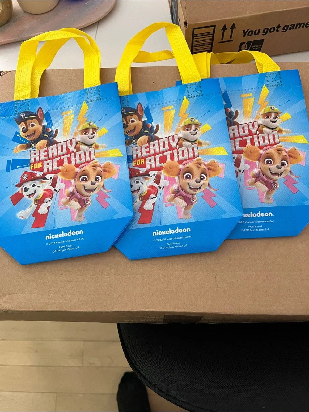 Set of 3 Paw Patrol Ready for Action Blue Party Tote Bags with Yellow Handles